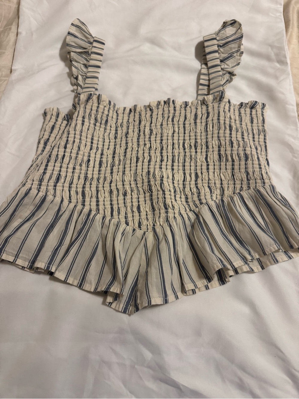 American Eagle Outfitters Cream and Blue Smocked Ruffle Cami